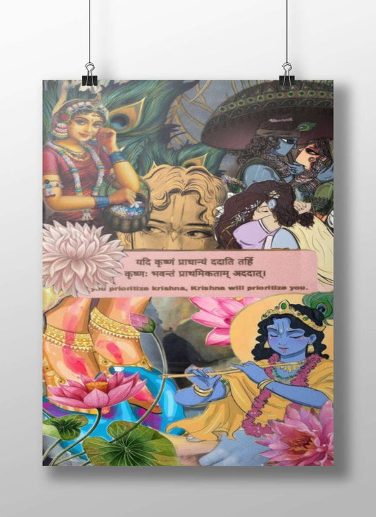 Hindu deities, primarily Krishna (blue flute-playing deity) and Devi (e.g., Lakshmi, in red attire) Main Subject: Hindu