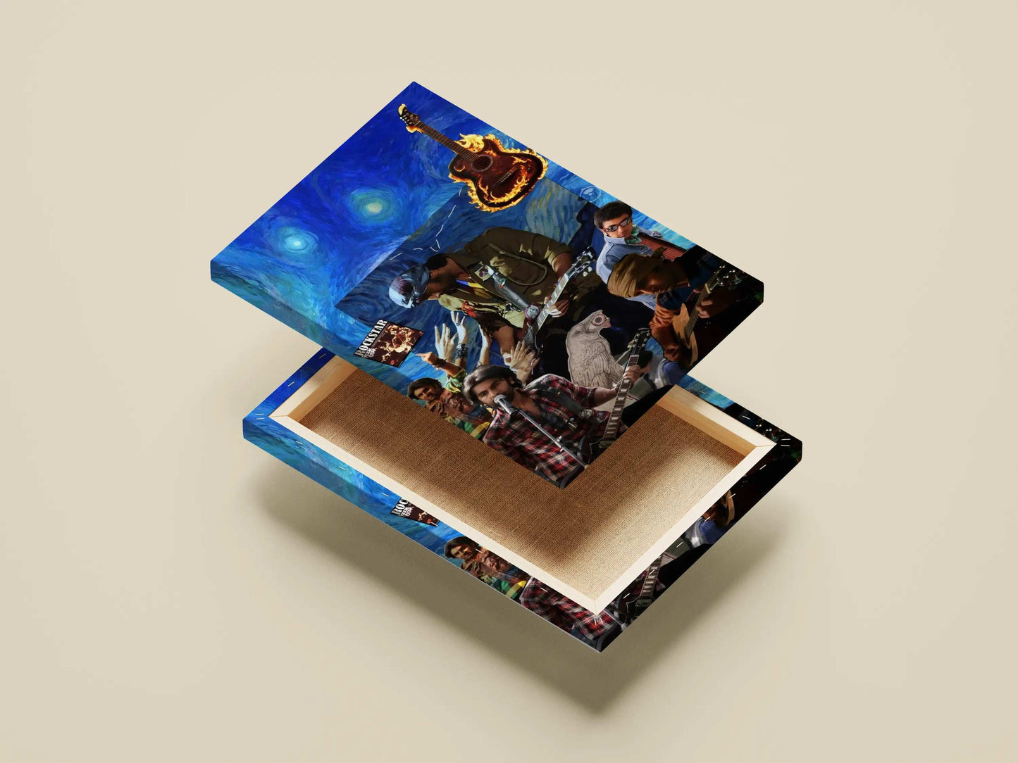 Rockstar Movie Collage Poster – Ranbir Kapoor as Jordan | Van Gogh Starry Night Background | Guitar Flame Aesthetic Wall Art