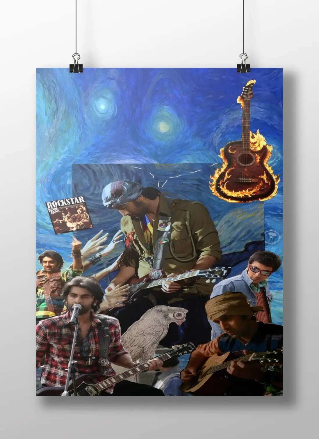 Rockstar Movie Collage Poster – Ranbir Kapoor as Jordan | Van Gogh Starry Night Background | Guitar Flame Aesthetic Wall Art