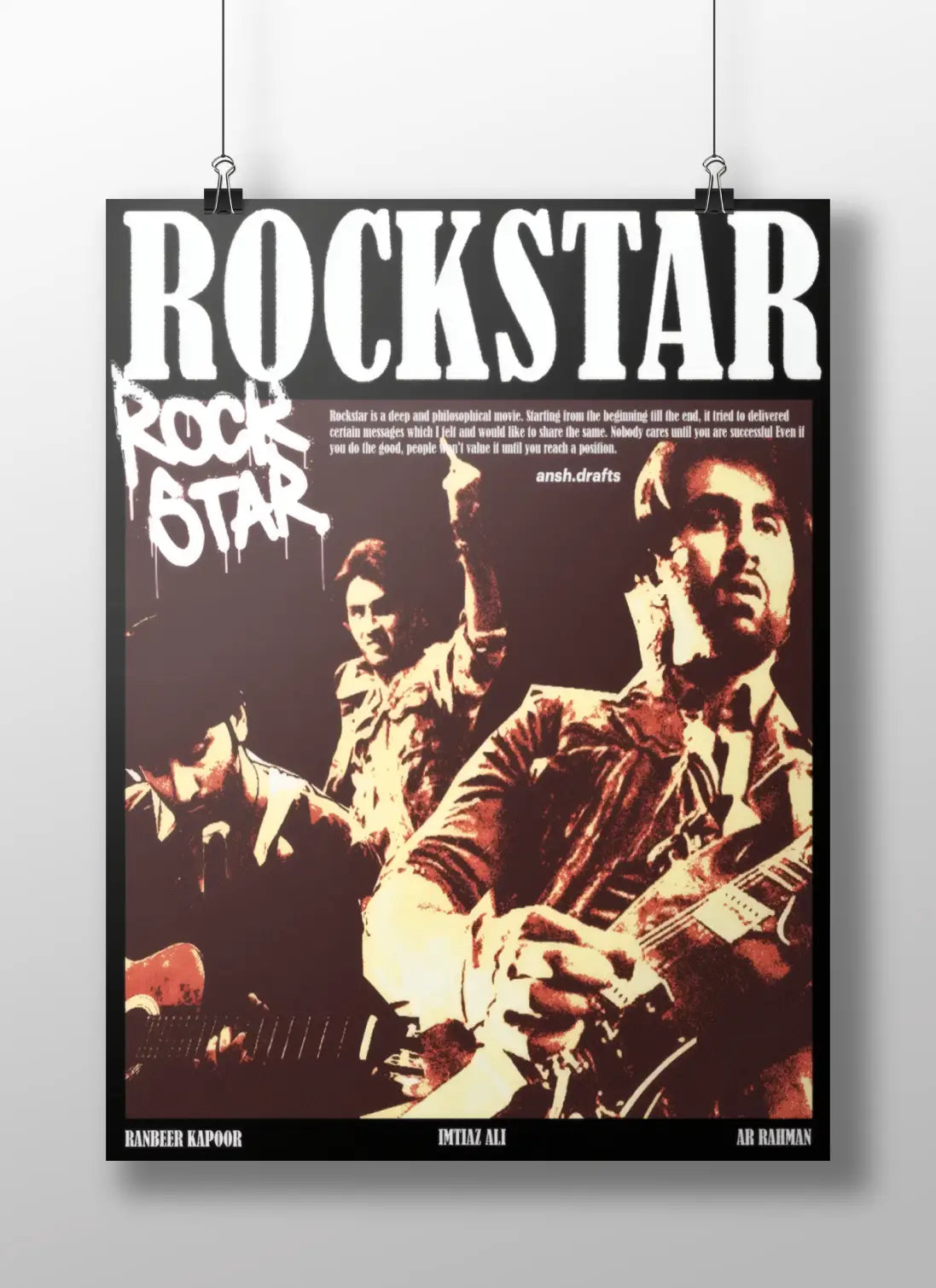 Rockstar Movie Poster – Ranbir Kapoor Grunge Style | Imtiaz Ali x A.R. Rahman Tribute | Musical Rebellion Wall Art