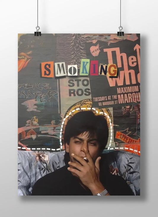 SRK Smoking Poster – Retro Bollywood Grunge Wall Art | Shah Rukh Khan 90s Aesthetic Collage Print for Fans