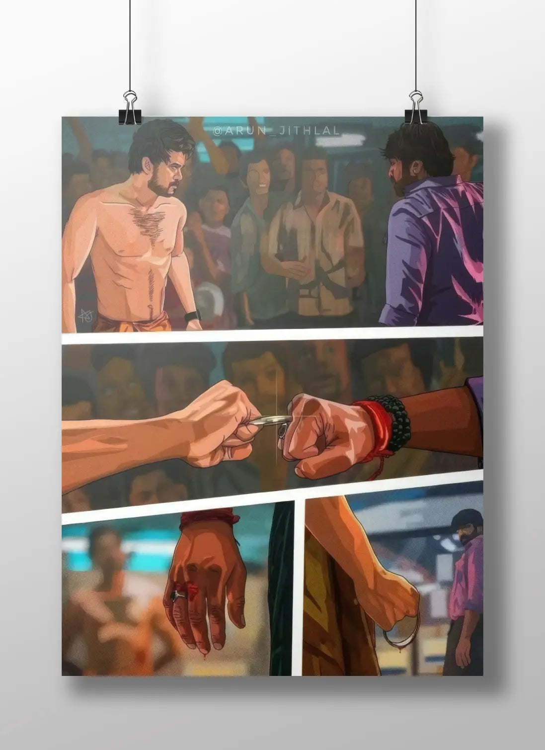 South Indian Action Scene Poster – Illustrated Comic Style Fight Art | Thalapathy Inspired Digital Wall Print