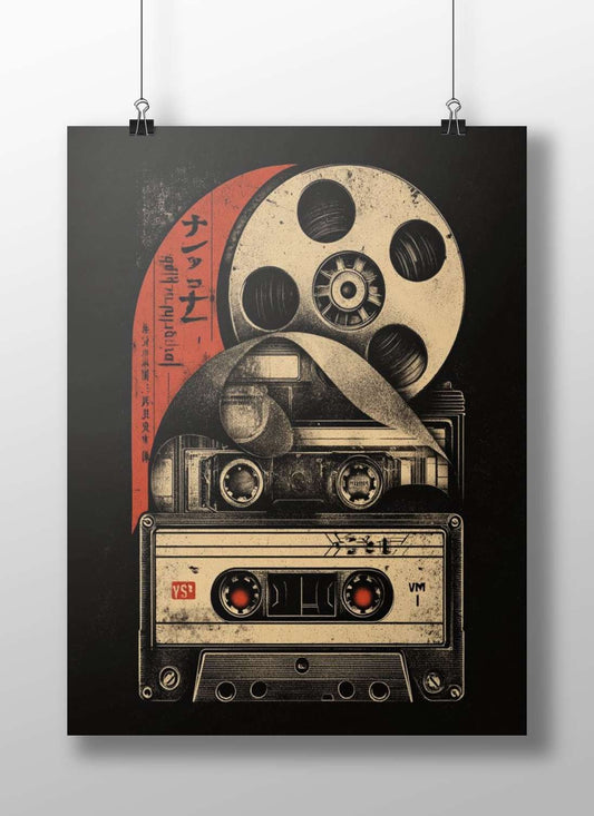 35mm film reel and audio cassette tapes (including a "VS" branded cassette) Main Subject: 35mm film reel and audio cassette
