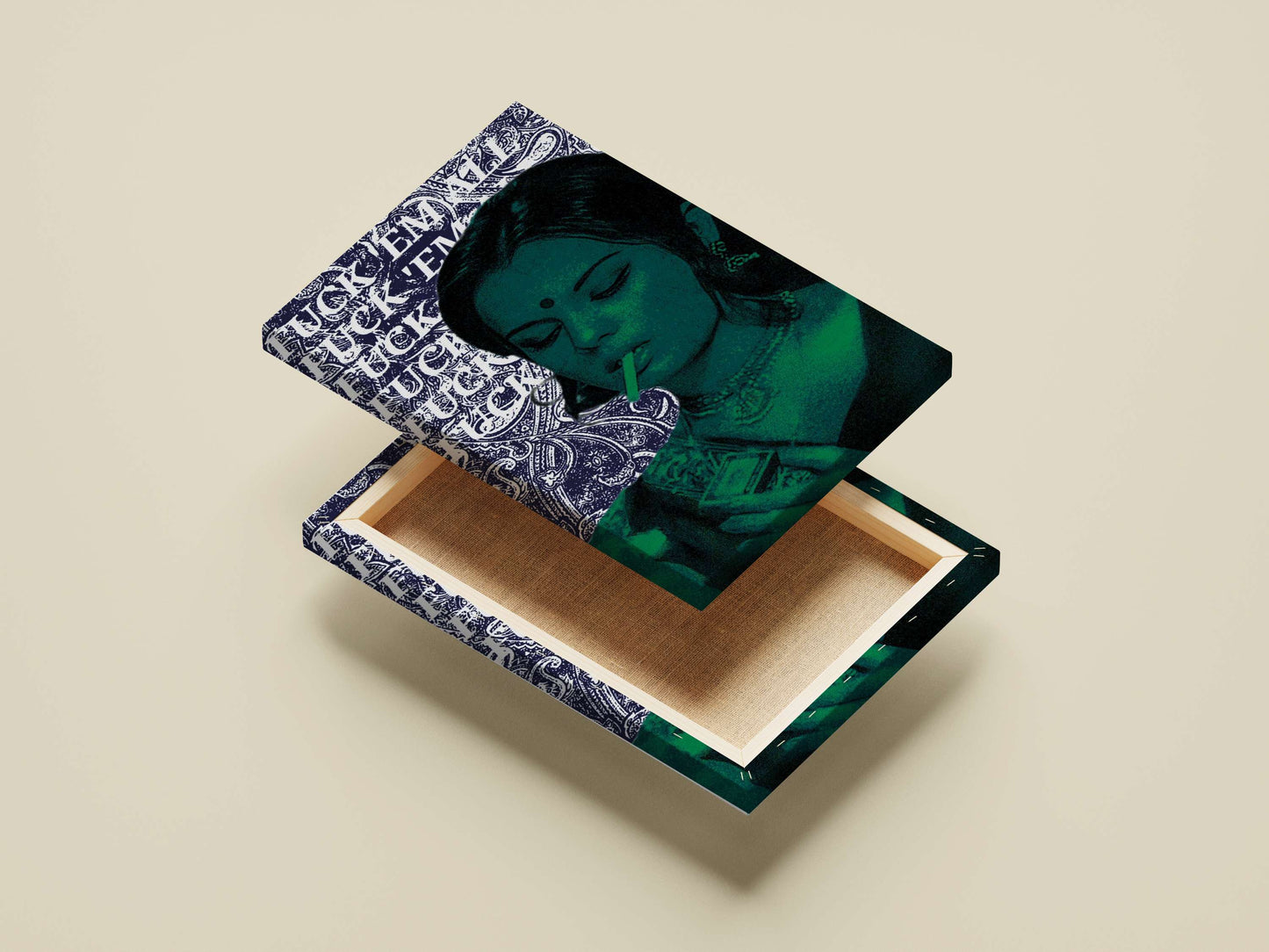 Cigarette Devi Rebellious Digital Collage Poster – Teal & Blue Art Wall Print