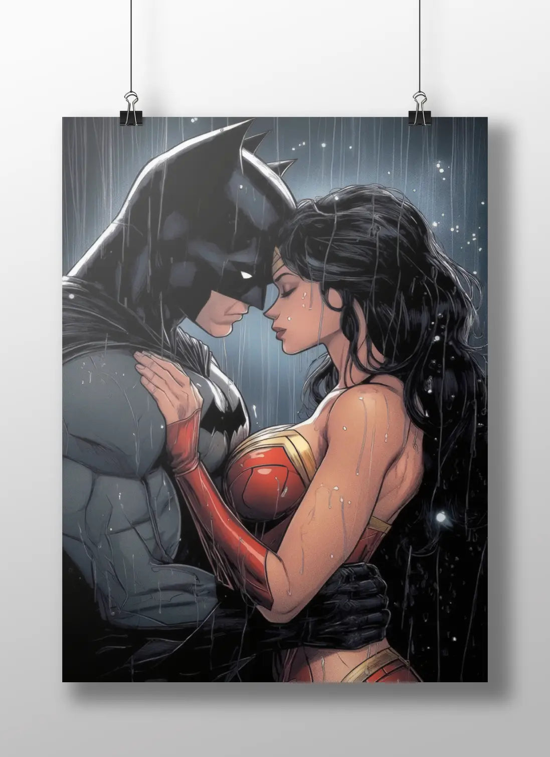 Batman & Wonder Woman Rainy Embrace Comic Art Poster - DC Comics Justice League Romantic Print