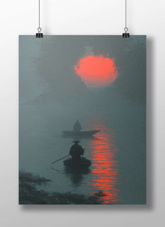 Two silhouetted individuals in traditional boats on a misty river under a large red sun Main Subject: Two silhouetted