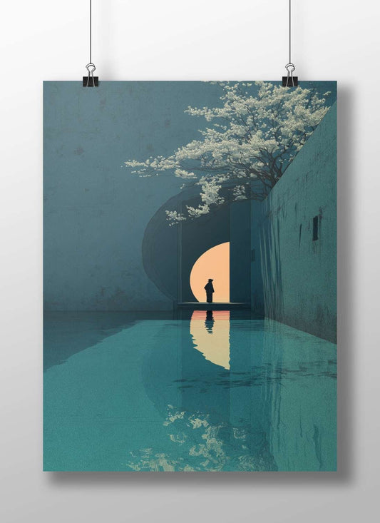 A solitary human silhouette standing before a large circular light source in an architectural space Main Subject: A solitary