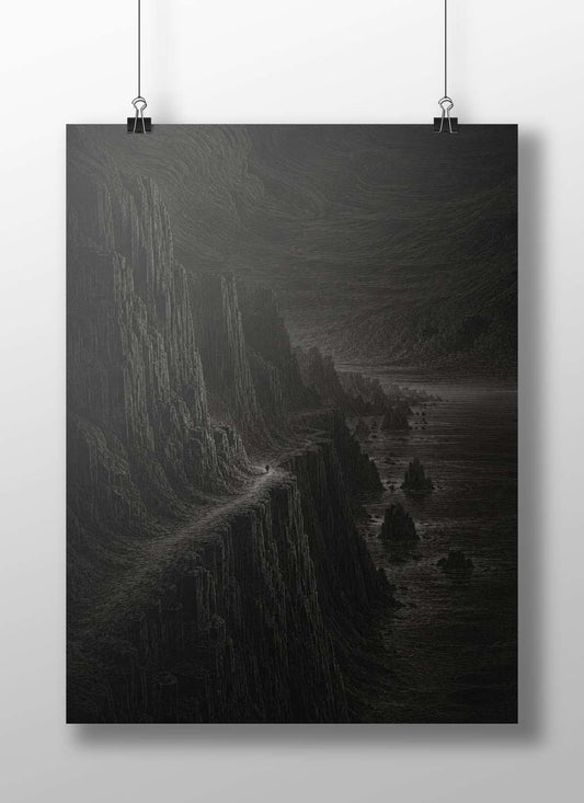A lone traveler on a coastal cliff path Main Subject: A lone traveler on a coastal cliff path Matte BoizzBoard rigid print —