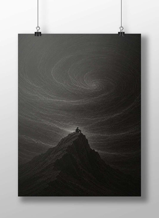A solitary human silhouette seated on a mountain peak Main Subject: A solitary human silhouette seated on a mountain peak