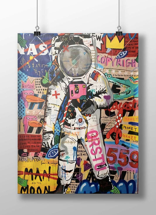 Astronaut (wearing a NASA-inspired suit with collage elements) Main Subject: Astronaut (wearing a NASA-inspired suit with