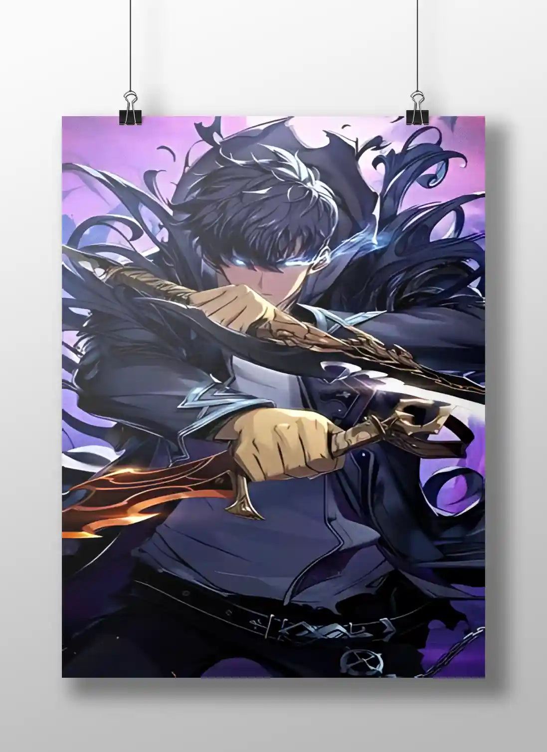 Solo Leveling Sung Jinwoo Dual Dagger Anime Poster - Glowing Eyes & Shadow Monarch Art Print