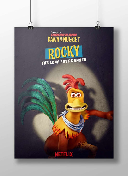 Rocky, the rooster character from Aardman Animations' "Chicken Run: Dawn of the Nugget" franchise Rocky