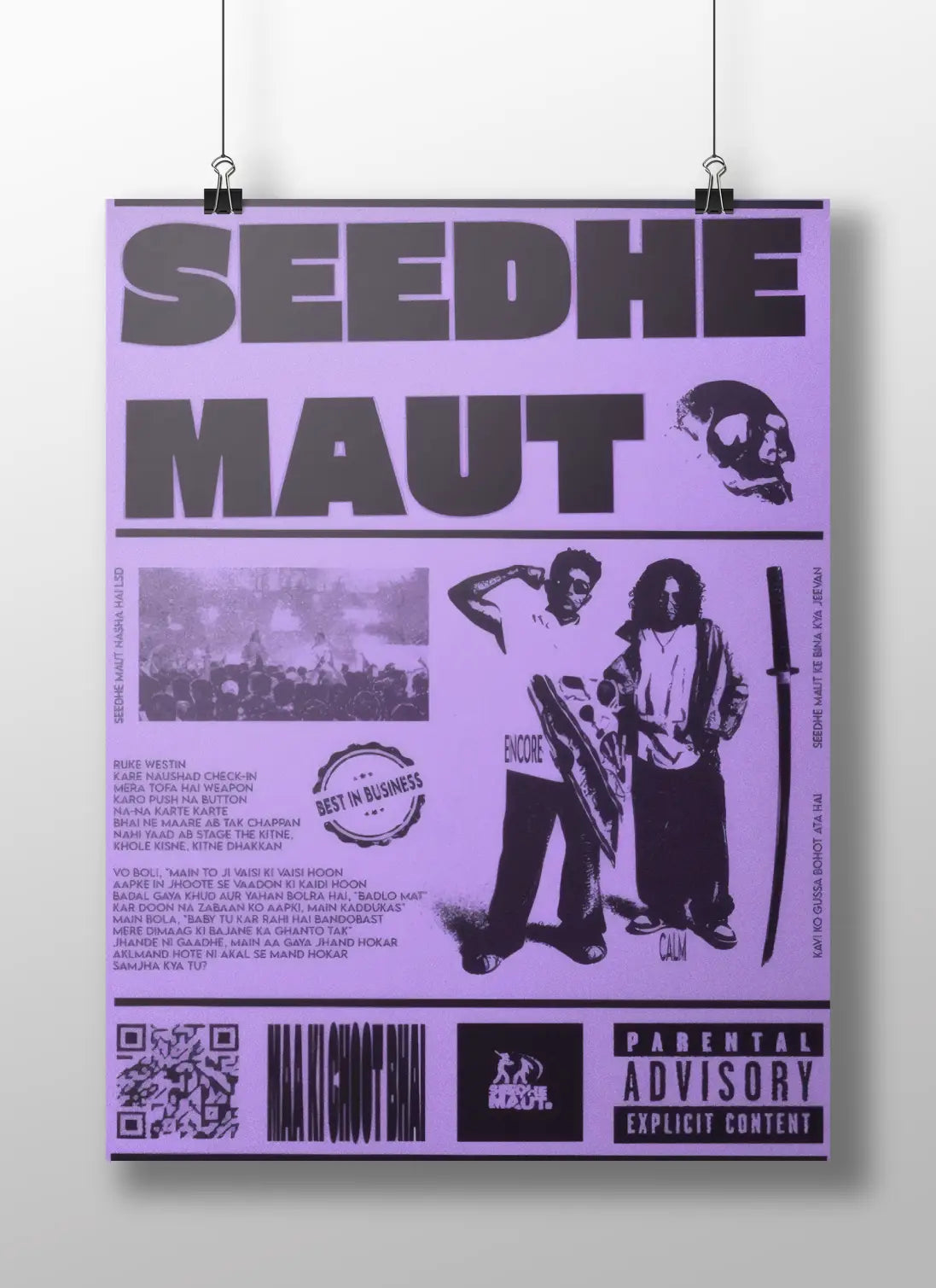 Seedhe Maut Zine Poster – Desi Hip-Hop Art in Lilac | Grit Typography Collage with Lyrics & Street Vibes