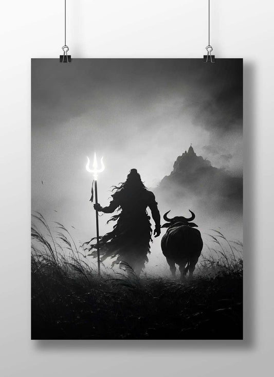 Lord Shiva (Hindu deity) holding a trident alongside Nandi bull Main Subject: Lord Shiva (Hindu deity) holding a trident