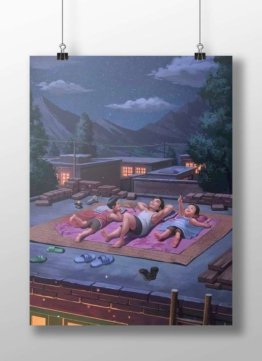 Three children lounging on a rooftop in a mountainous village at night Main Subject: Three children lounging on a rooftop in