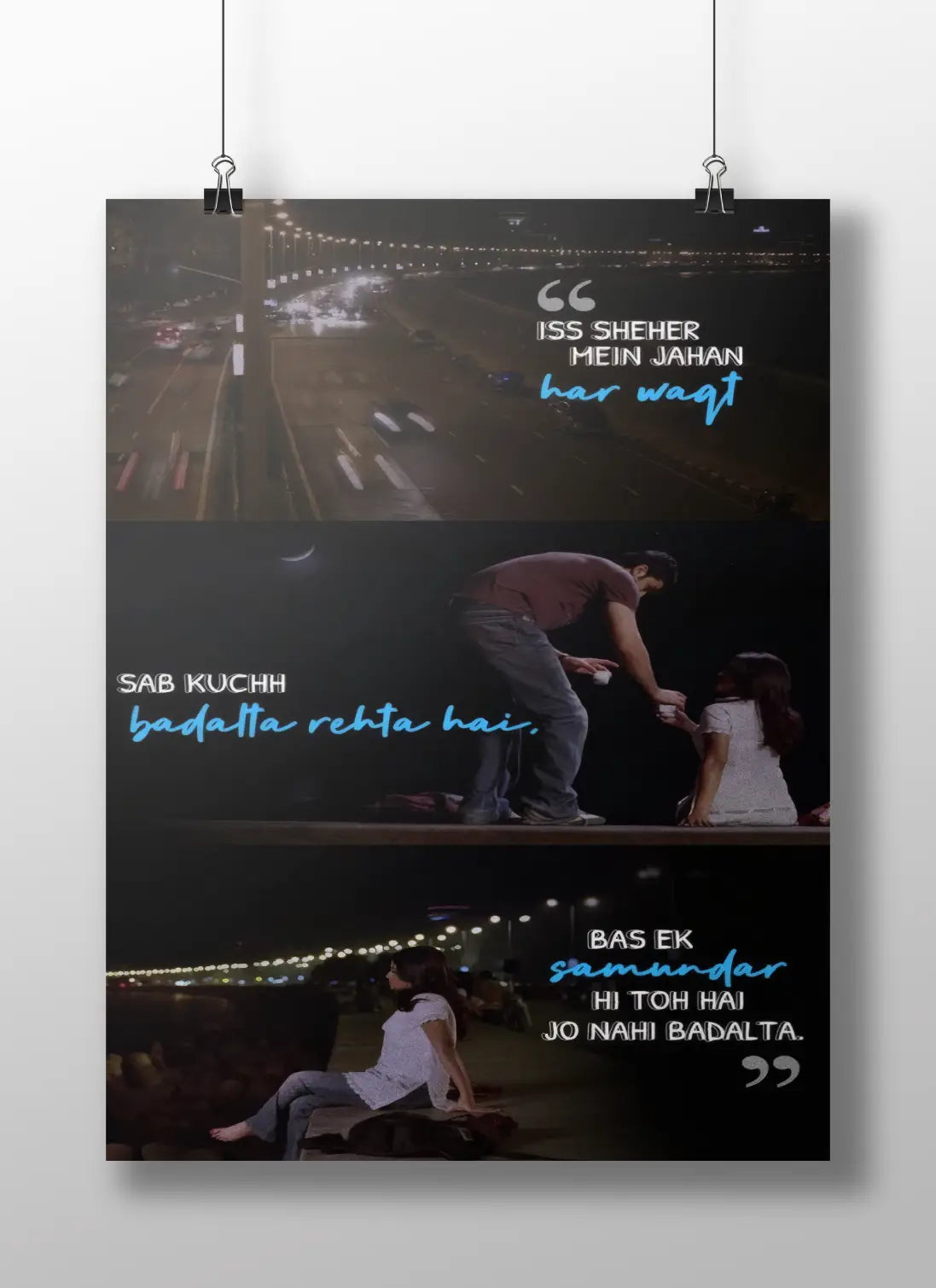 Tamasha Marine Drive Quote Poster – Ranbir Deepika Night Scene Wall Art | Samundar Dialogue Aesthetic Print