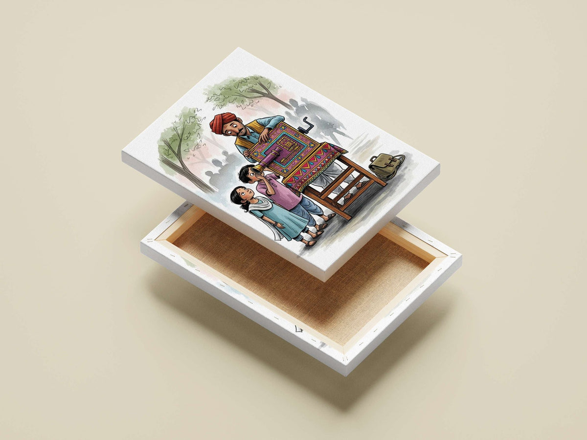 Hand-Cranked Movie Projector used by a man (wearing red turban) with two children watching Main Subject: Hand-Cranked Movie