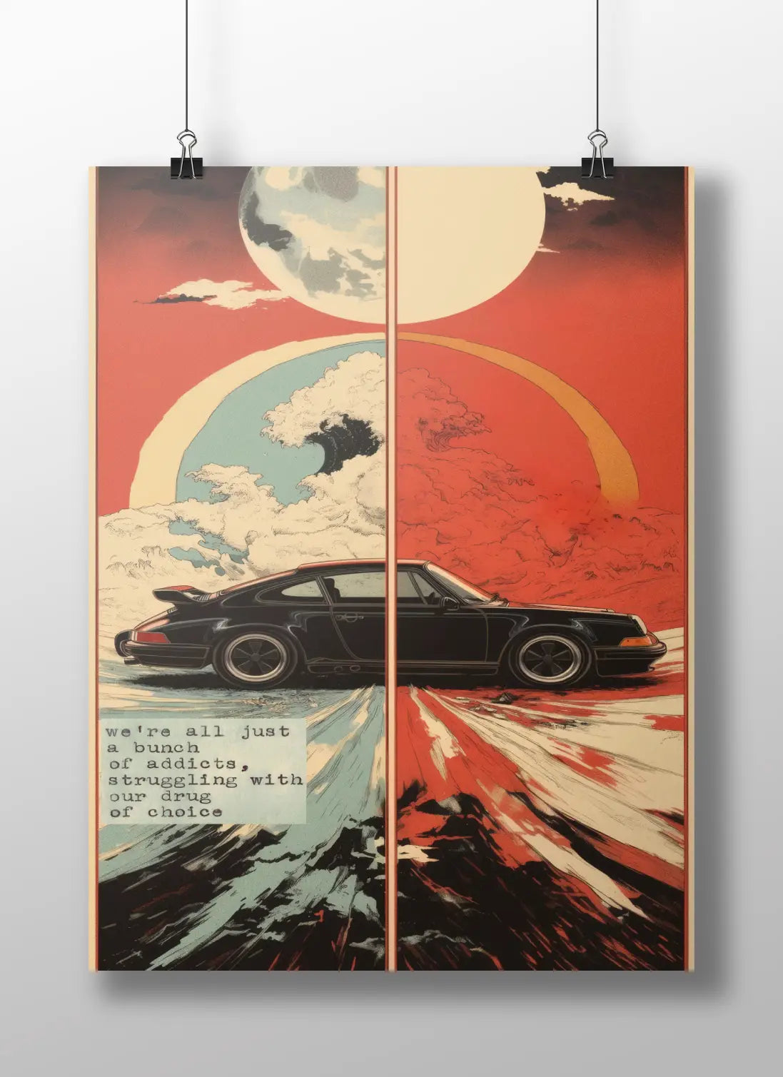Porsche Dual Panel Wall Art – Surreal Car Poster with Deep Quote for Emotional & Automotive Aesthetic