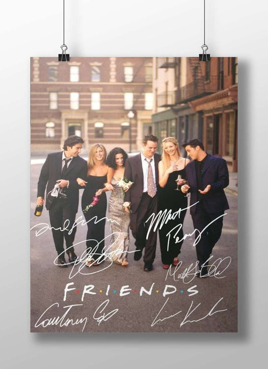 The six lead actors of the TV show "Friends" (David Schwimmer as Ross, Jennifer Aniston as Rachel, Courteney Cox as Monica,