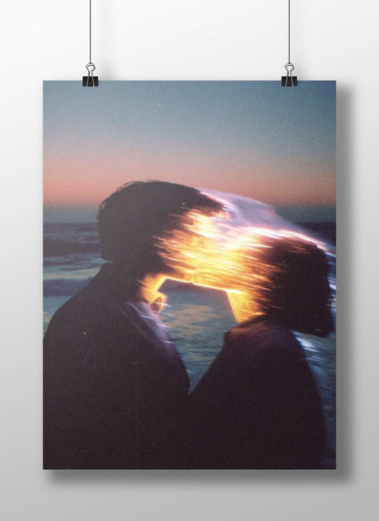 Two human silhouettes with overlapping glowing light effect Sunset Glitch Art Romantic Couple Poster –