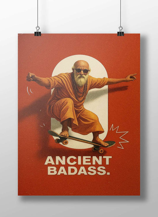 Stylized depiction of a spiritual figure in saffron robes on a skateboard Shirdi Sai Baba