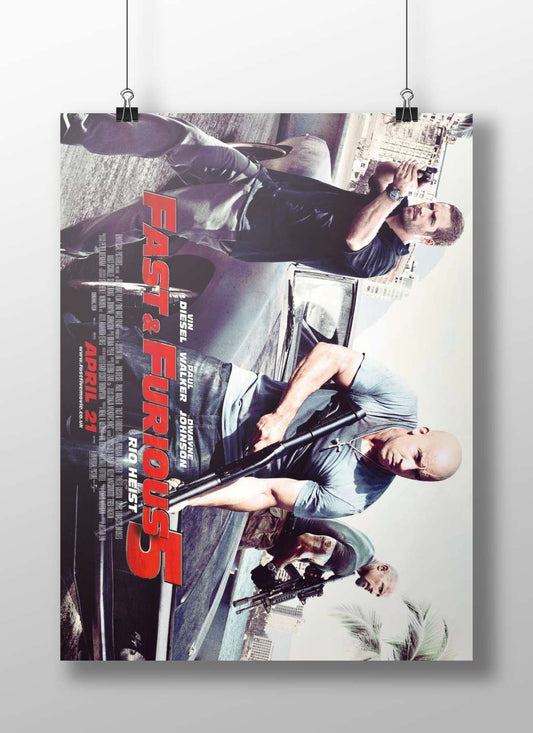 Fast & Furious 5 (movie franchise) featuring Vin Diesel, Paul Walker, and Dwayne Johnson. Dominic