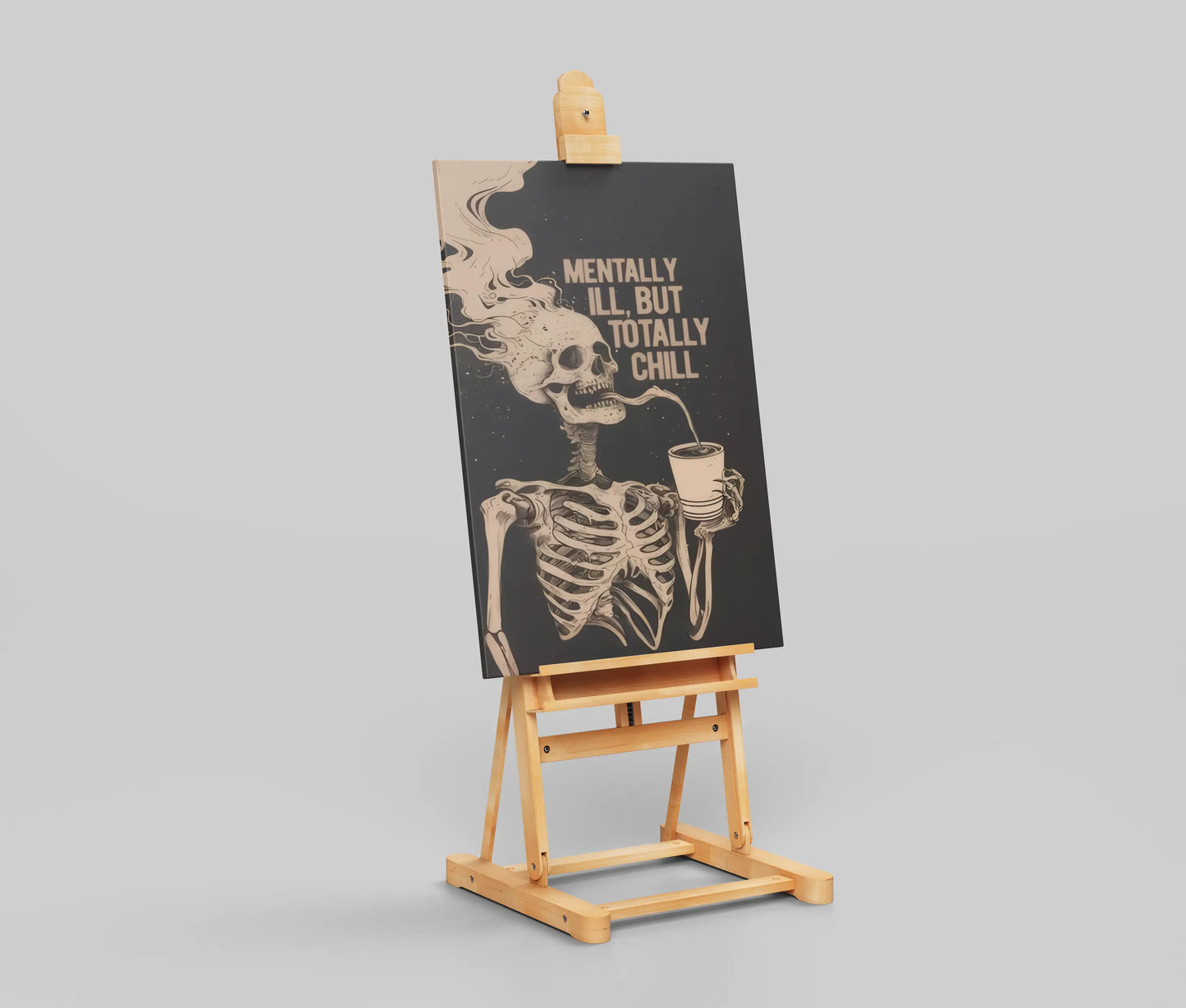 Dark Aesthetic Skeleton Poster – “Mentally Ill but Totally Chill” | Edgy Vintage Skull Wall Art