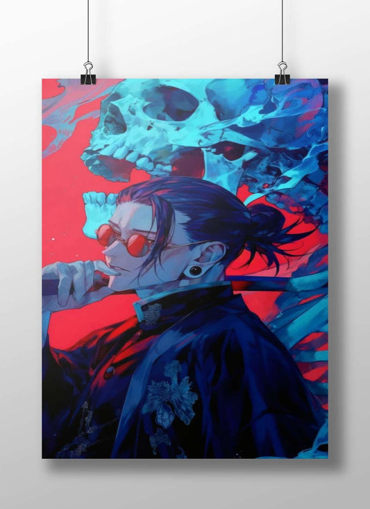 A stylized male character with red sunglasses, high ponytail, and dark coat Main Subject: A stylized male character with red