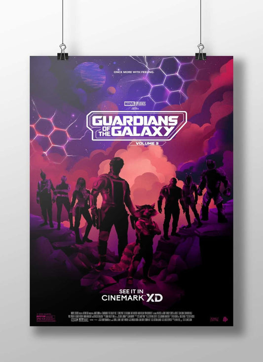 Marvel Studios' Guardians of the Galaxy Volume 3 featuring Peter Quill, Gamora, Rocket Raccoon, Drax, Nebula, and Mantis.