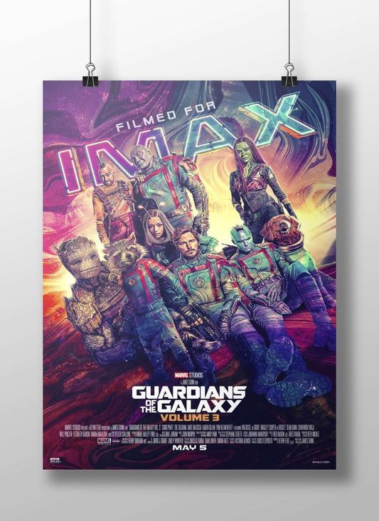 Guardians of the Galaxy Volume 3 characters (Peter Quill, Gamora, Rocket Raccoon, Groot, Drax, Mantis). Main Subject: