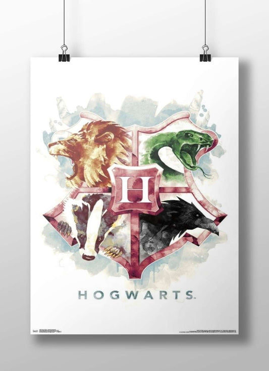 Hogwarts School crest (Gryffindor lion, Slytherin green serpent, Hufflepuff badger, Ravenclaw eagle) from the Harry Potter