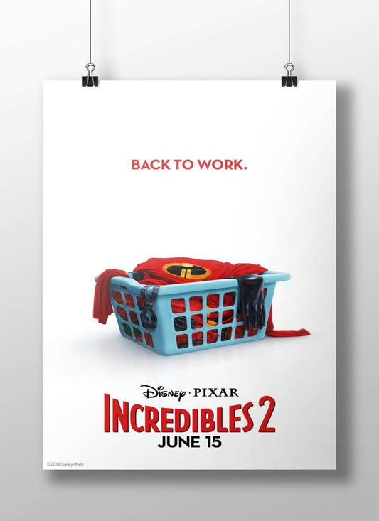 Incredibles 2 superhero costume (Mr. Incredible’s red suit with the "I" logo) in a laundry basket Main Subject: Incredibles
