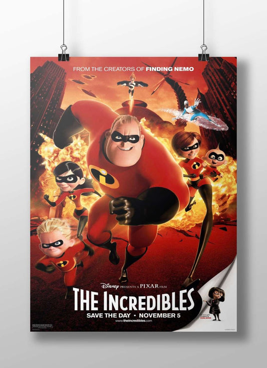 The Incredibles (franchise) featuring characters Mr. Incredible, Elastigirl, Dash, Violet, and Jack-Jack. Main Subject: The