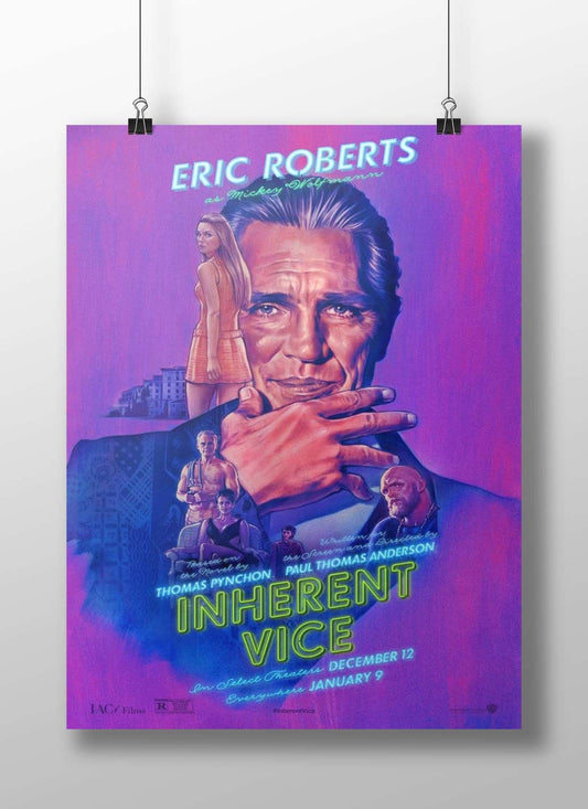 The movie poster for "Inherent Vice" (2014), starring Eric Roberts as Mickey Wolfmann, based on Thomas Pynchon's novel,