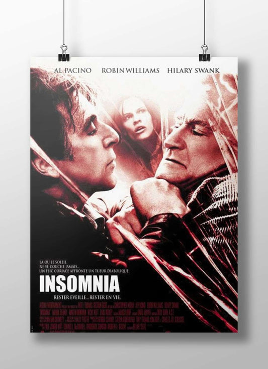 The movie poster for "Insomnia" starring Al Pacino, Robin Williams, and Hilary Swank. Main Subject: The movie poster for
