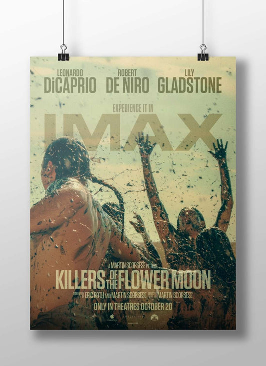 The movie poster for "Killers of the Flower Moon" featuring Leonardo DiCaprio, Robert De Niro, and Lily Gladstone. Main