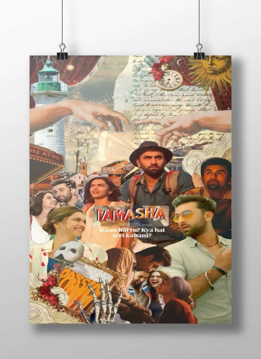 Tamasha Movie Collage Poster – Aesthetic Bollywood Art Print | Imtiaz Ali “Kaun Hai Tu?” Quote Wall Decor