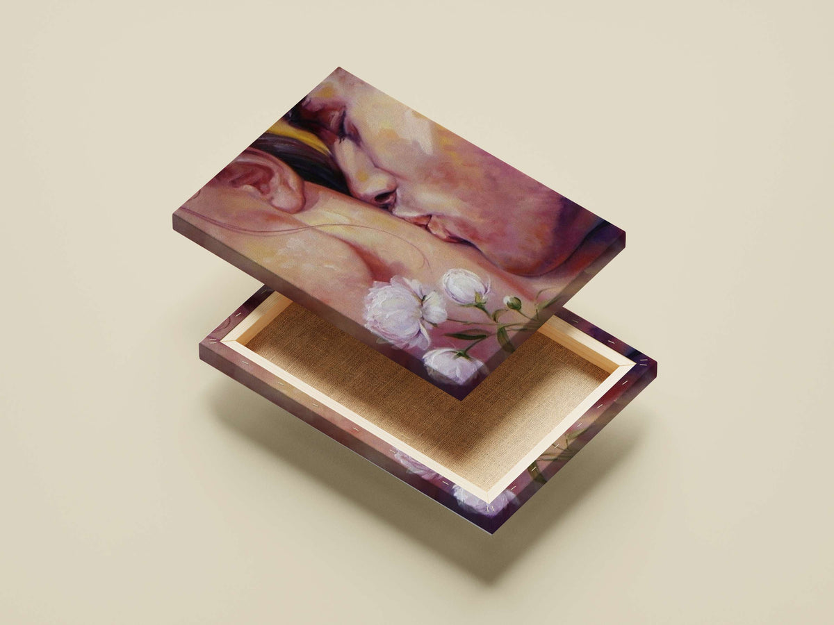 Intimate close-up painting of a couple kissing with white peonies on a bare shoulder Intimate