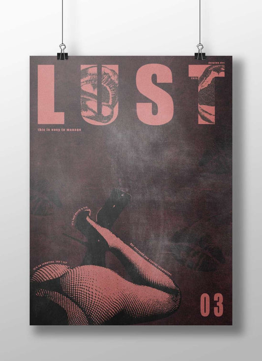 LUST (as the central typographic element with integrated imagery) Main Subject: LUST (as the central typographic element