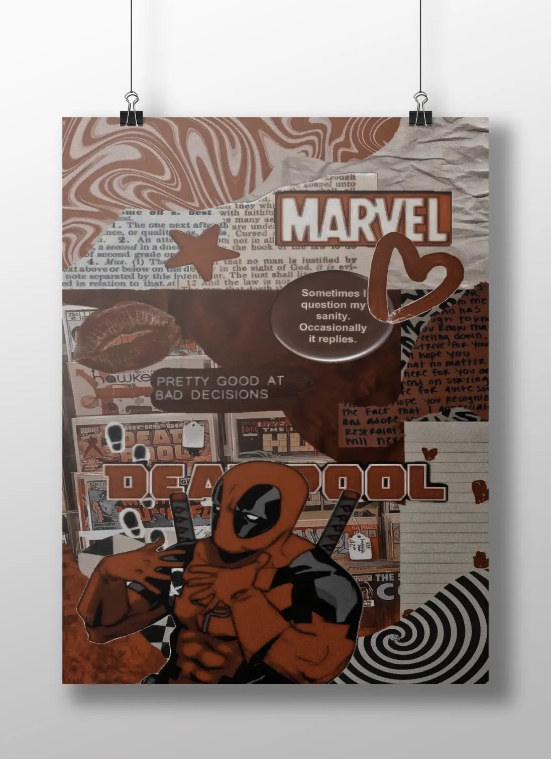 "Deadpool Marvel Collage Poster – Aesthetic Grunge Wall Art for Superhero Fans and Comic Lovers"