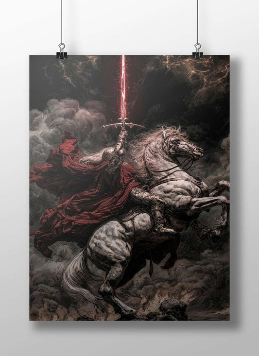 Mounted knight on white horse holding a glowing red sword Main Subject: Mounted knight on white horse holding a glowing red