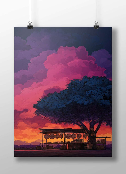 Wooden market stall with hanging round items under a large tree at sunset Main Subject: Wooden market stall with hanging