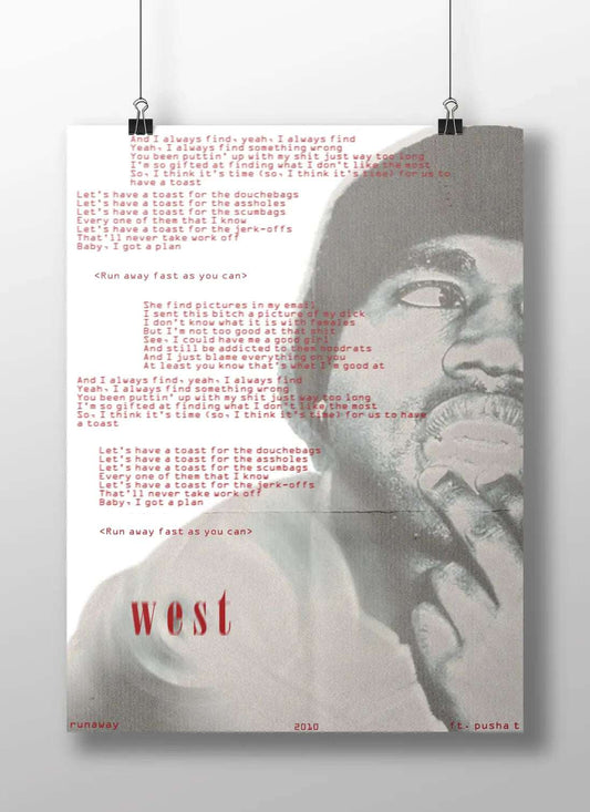 Kanye West “Runaway” Lyrics Poster – Minimalist Hip-Hop Wall Art Print ft. Pusha T