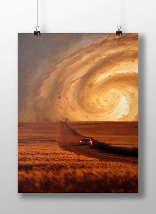 A white SUV driving on a dirt road under a massive spiral galaxy Main Subject: A white SUV driving on a dirt road under a