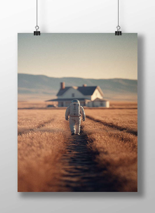 Astronaut (in a spacesuit walking toward a farmhouse) Main Subject: Astronaut (in a spacesuit walking toward a farmhouse)