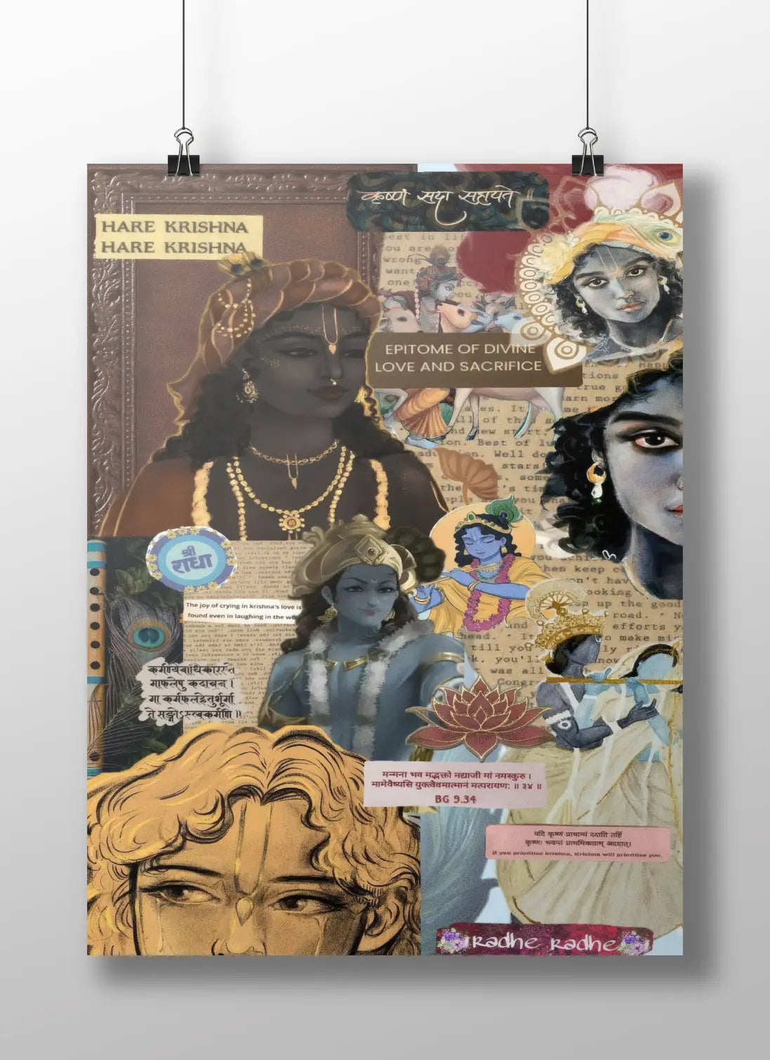 "Radha Krishna Poster – Divine Collage Art for Spiritual Wall Decor | Bhakti & Krishna Consciousness Theme"