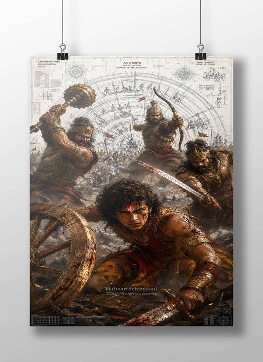 Abhimanyu (son of Arjuna, warrior of the Pandavas) and warriors depicted in the Chakravyuha formation from the Indian epic