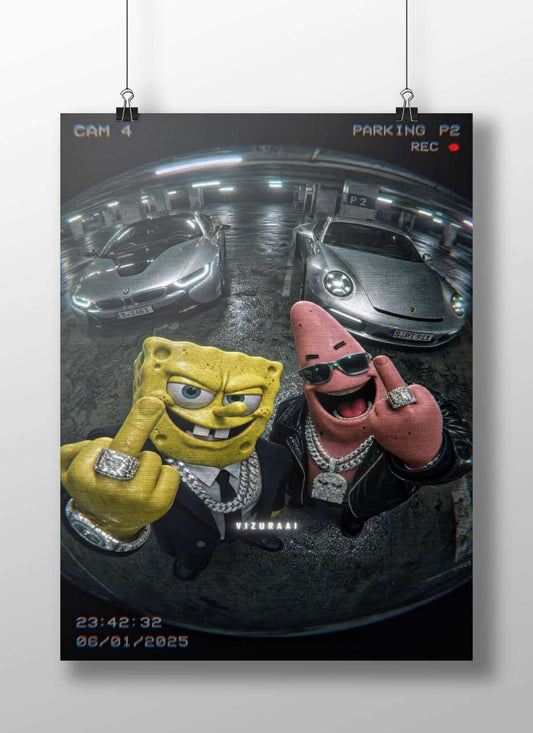 SpongeBob SquarePants and Patrick Star from the *SpongeBob SquarePants* franchise, along with a BMW i8 and Porsche 911. Main