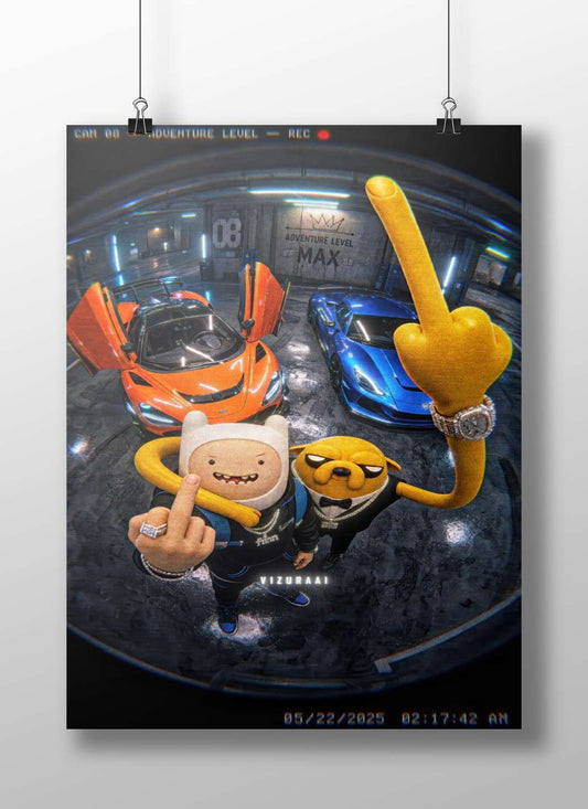 Finn (from Adventure Time) and a custom yellow dog character alongside two supercars (orange McLaren-style and blue