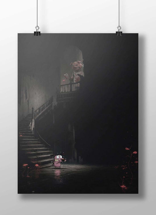 An anthropomorphic pig holding a bloodstained knife on a balcony and a small pink cartoon animal below Main Subject: An